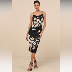 Lulu's Sunny Blossom Black Floral Print Satin Cowl Neck Midi Dress